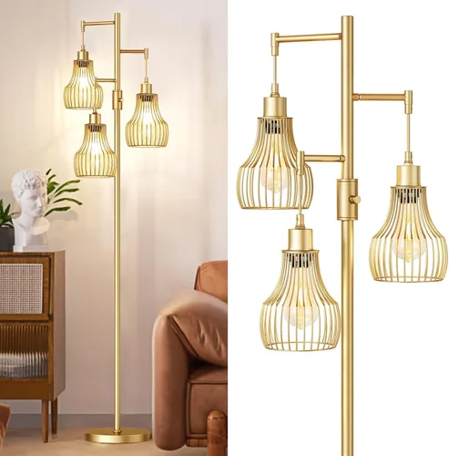 Vista 10 de Ziisee Lámparas de pie regulables para sala de estar, lámparas altas de pie industriales con forma de árbol con 3 elegantes pantallas de jaula