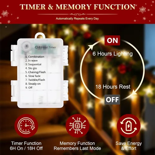 Vista 4 de 20FT 60LED Christmas Star Fairy String Lights Battery Operated Warm White 8 Lighting Modes with Timer Function IP44 Waterproof Design for Christmas