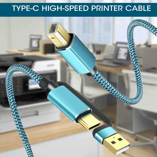 Vista 5 de Cable de impresora de 25 pies, cable USB C 2 en 1 y USB A a USB B, cable de impresora trenzado de nailon de alta velocidad para Mac, MacBook Pro
