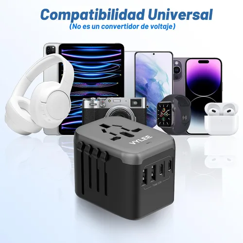 Vista 7 de VYLEE - Adaptador de viaje universal, adaptador de corriente internacional 5 en 1, cargador de pared 3.5A 2xUSB-A y 2 USB C, enchufe esencial