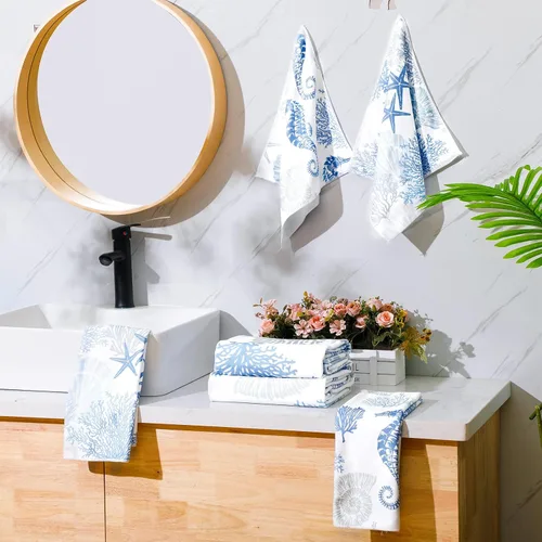Vista 2 de VitalCozy Juego de 6 toallas de mano de playa para baño, diseño de conchas costeras, estrellas de mar náuticas, toallas de baño para cocina, baño