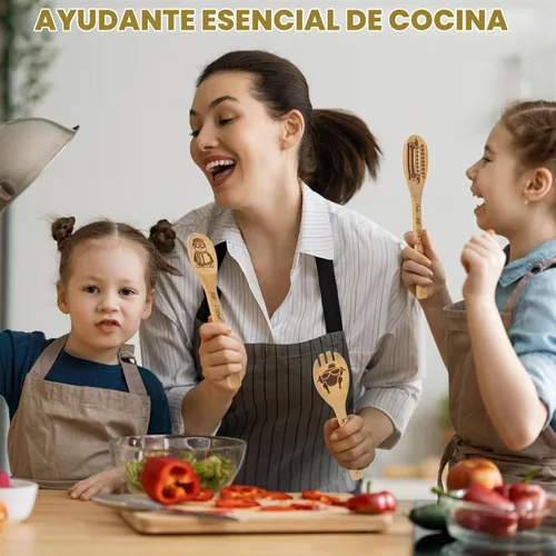 Vista 5 de Friends - Cucharas de madera para cocinar, juego de utensilios de cocina de 6 piezas con soporte, regalos para fanáticos, productos de programas