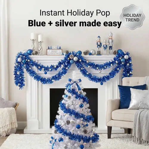 Vista 7 de Anderson's Guirnalda de oropel con purpurina azul metálico, decoración navideña de 25 pies, borde de árbol de Navidad, decoración de flotador