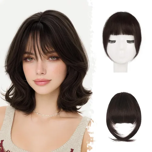 Vista 26 de BARSDAR Flequillo postizo de pelo humano real - Flequillo postizo 100% pelo humano para mujeres - Extensiones de flequillo ondulado castaño rojizo