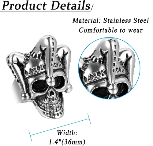 Vista 6 de Flongo Anillo punk de acero inoxidable plateado negro gótico Joker payaso anillo para hombre
