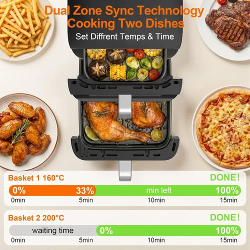 Vista 4 de Freidoras de aire verticales compactas de doble cesta de 13 cuartos con ventana de visualización Freidora de aire de doble zona de 1800 W con luz