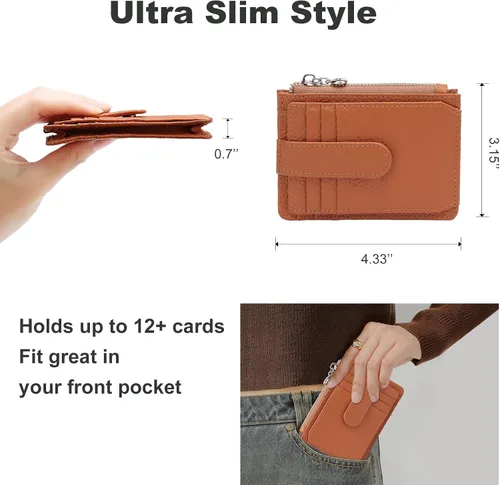 Vista 3 de Cartera delgada para mujer delgada para mujer, tarjetero con bloqueo RFID, de piel auténtica, carteras pequeñas
