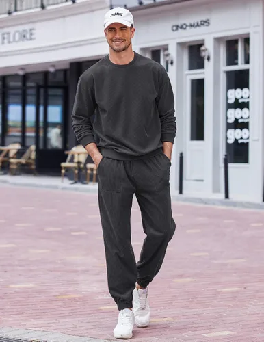 Vista 3 de COOFANDY Conjunto deportivo de 2 piezas para hombre, sudadera de manga larga, sin botones, para deportes, casual, fitness, trotar