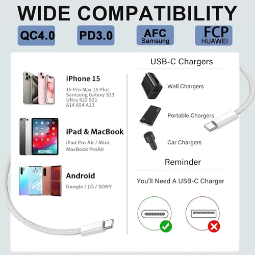 Vista 9 de Cargador para iPhone 17 y 16, carga rápida, tipo C, 20 W, USB C, bloque para iPad, con cable USB-C tejido de 6 pies, sincronización de datos de 60 W