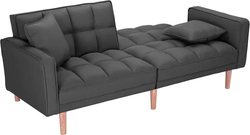 Vista 5 de Sofá cama futón convertible, moderno sofá cama plegable tapizado de lino con dos almohadas, sofá cama de 75 pulgadas para sala de estar, dormitorio