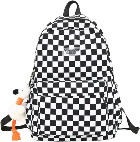 Vista 3 de Y2K Mochila estética a cuadros con colgante Kawaii de tablero de ajedrez, linda mochila para computadora portátil, mochila ligera