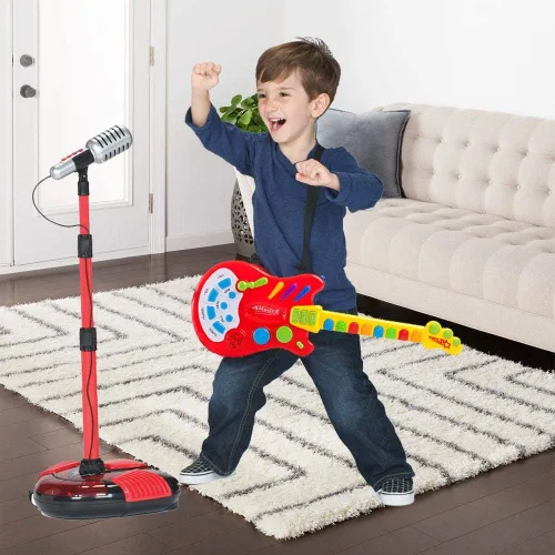 Vista 4 de Dimple Guitarra electrónica musical de mano para niños, toca música, rock, batería y sonidos eléctricos, el mejor juguete y regalo para niñas