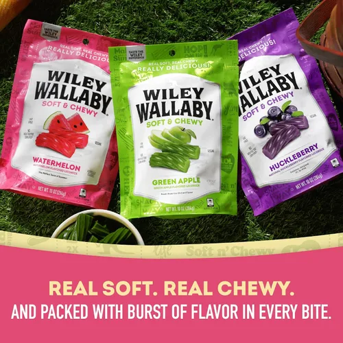 Vista 5 de Paquete de variedad de regaliz Wiley Wallaby 10 onzas - Sabores clásicos de arándano, manzana y sandía. Regaliz gourmet estilo australiano suave