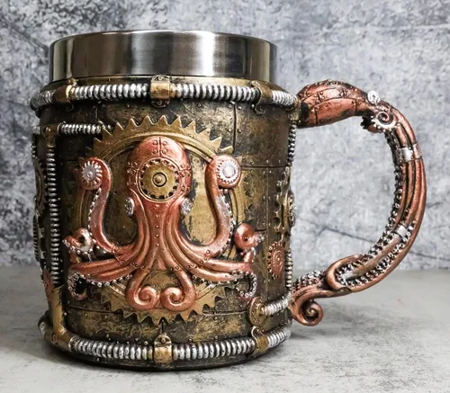 Vista 7 de Ebros Brazen Steampunk Kraken Octopus Cyborg con válvulas de engranajes robóticos esculpidos y tuberías Beverage Drinkware Serveware decorativo Taza