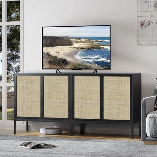Vista 8 de Brafab Aparador negro con puertas decoradas de ratán natural, 31.5 pulgadas de ancho, armario de almacenamiento de ratán Credenza, gabinete bohemio