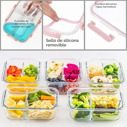 Vista 4 de C CREST Paquete de 5 recipientes de vidrio con 3 compartimentos, 34 onzas, recipientes de vidrio divididos para almacenamiento de alimentos
