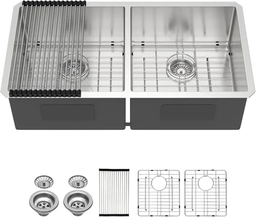 Vista 25 de Lordear 33 Inch Matte Gold Double Bowl Kitchen Sinks Gold-Workstation