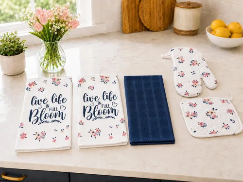 Vista 19 de Serafina Home Easter Kitchen Towel Set with Pot Holders, Spring Colored Eggs Design, 100% Cotton, White Orange Green, 5 Piece Set