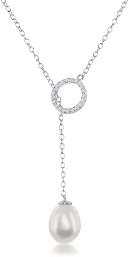 Vista 2 de Plata de leyChapado en oro 18K sobre plata de ley Circonita Open Círculo & agua dulce cultivadas Perla y collar Lariat