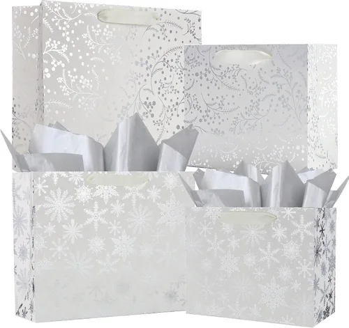 Vista 11 de UNIQOOO 12 bolsas de regalo de Navidad doradas metálicas a granel con etiqueta, grandes de 12.5 x 10.5 pulgadas, copos de nieve surtidos, renos