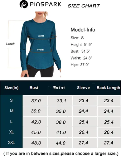 Vista 6 de Pinspark Camisetas de entrenamiento de manga larga para mujer, cuello redondo, camisetas de yoga, ligeras, atléticas, gimnasio, correr