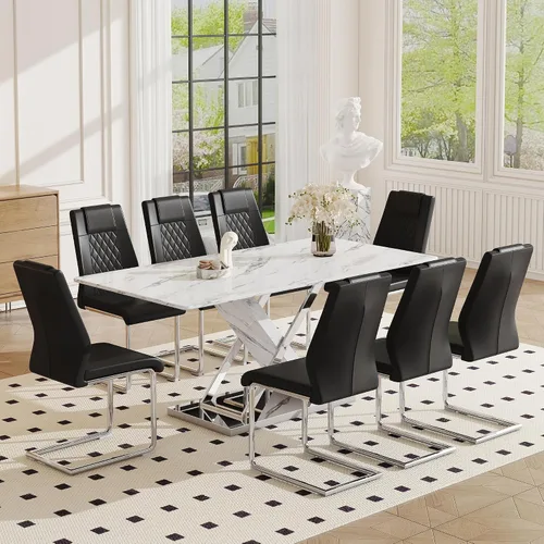 Vista 11 de Juego de mesa de comedor de mármol para mesa rectangular blanca de 6.63 pulgadas con marco de metal plateado en forma de X y 6 sillas de comedor