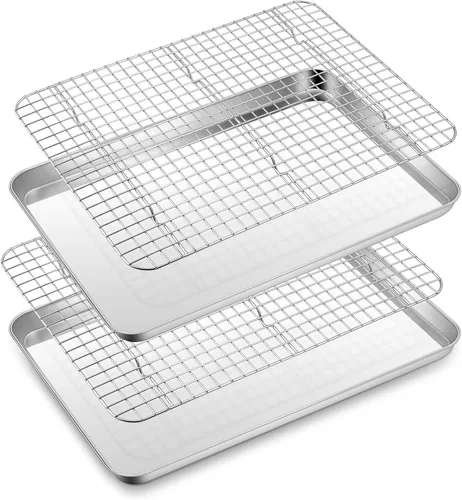 Vista 10 de E-far - Juego de bandejas para hornear para horno tostador, bandeja pequeña de acero inoxidable de 10.5 x 8.3 pulgadas con rejilla de alambre