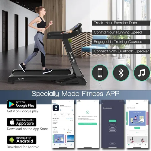 Vista 4 de Goplus Cinta de correr plegable de 3.75 HP con inclinación, caminadora eléctrica Superfit con control de aplicación, 12 programas preestablecidos