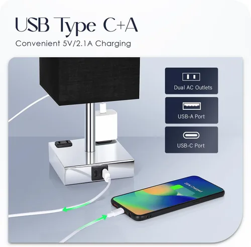 Vista 3 de Lámpara de noche con puertos USB - Lámpara de mesa de control táctil para dormitorio con puertos de carga USB C + A y salidas de AC, lámpara