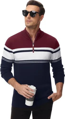 Vista 3 de MAGCOMSEN Suéteres para hombre con cremallera de 14, casuales, a rayas, suéteres tipo polo para otoño e invierno