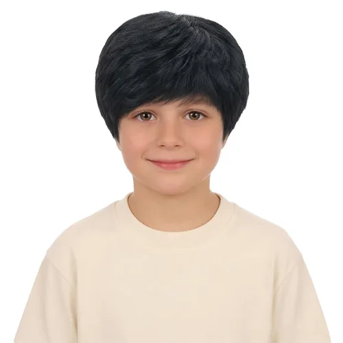 Vista 7 de Peluca marrón para niños, peluca corta recta marrón oscuro para niños, resistente al calor, pelo sintético con gorra