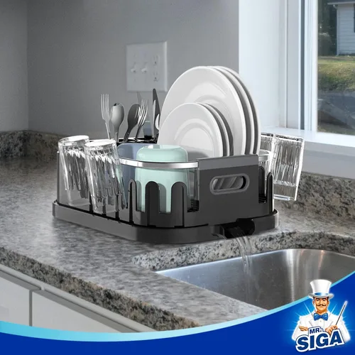 Vista 6 de MR.SIGA - Escurridor de platos para encimera de cocina, escurridor compacto con tabla de escurrir, soporte para utensilios y portavasos, escurridor