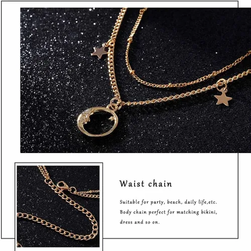 Vista 6 de Florry Cadena de cintura con cuentas elegantes, cadena de vientre de luna y estrella, joyería para el vientre de playa, dije de luna, cadenas