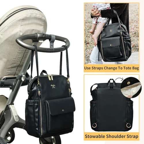 Vista 7 de Miss Fong Mochila de cuero para pañales - Bolsa de pañales para bebé con 13 bolsillos, cambiador, correas para cochecito, 4 bolsillos aislados Negro