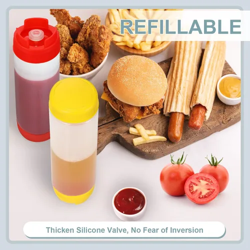 Vista 2 de Sabary 6 botellas exprimibles de condimentos de 16 onzas para salsa, botellas de plástico invertidas con calcomanías y embudo, válvula grande sin