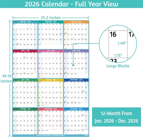 Vista 3 de Calendario anual de pared 2026 – Calendario anual grande 2026 vetical, enero 2026 – diciembre 2026, 25.2 x 38.2 pulgadas (abierto), calendario 2026