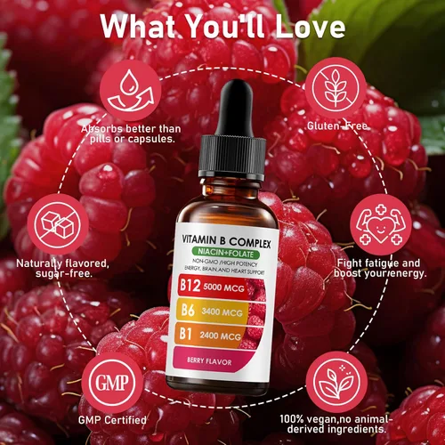 Vista 5 de Complejo de vitamina B12 con suplemento líquido de frambuesa B1, B6, vitamina B12, vitamina esencial 5 en 1 complejo de vitamina B, función