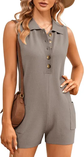 Vista 2 de Overol de manga larga con cuello en V y botones para mujer, suéter de punto para otoño e invierno, trajes de una pieza con bolsillos