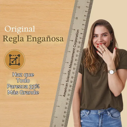 Vista 3 de Regla de truco, 2 piezas, broma de mejora de tamaño, 33% más grande, madera, 9 pulgadas