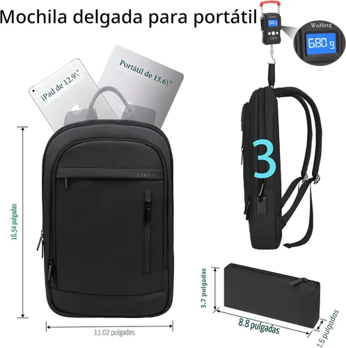 Vista 2 de Mochila de negocios para hombres antirrobo resistente al agua mochila de desplazamiento para portátil de 15.6 pulgadas para el trabajo diario, Negro