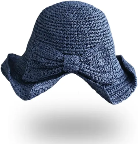 Vista 8 de Sombrero de playa plegable de ala ancha con paja, gorra de cubo de verano con lazo para mujeres y niñas Beige
