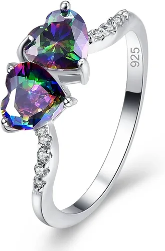 Vista 17 de Anillo de promesa de boda con topacio azul y blanco, chapado en plata de ley 925, con doble corazón