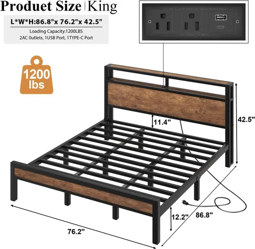 Vista 43 de LOEWAY Base de cama tamaño Queen con cabecero de almacenamiento y luces LED, color gris