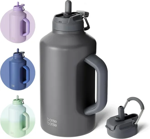 Vista 9 de BOTTLE BOTTLE Botella de agua aislada de 64 onzas con popote y tapa de doble uso, jarra de medio galón para hombres con asa, botella de agua