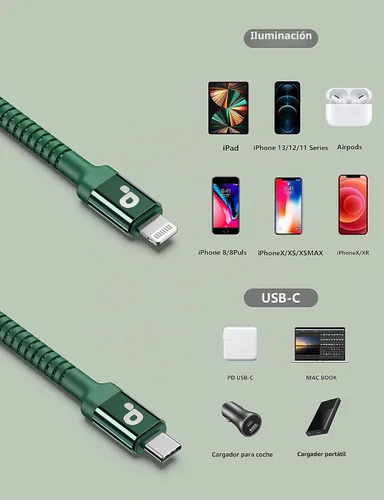 Vista 5 de Cable USB C a Lightning certificado por Apple, paquete de 2 cables rápidos Verde