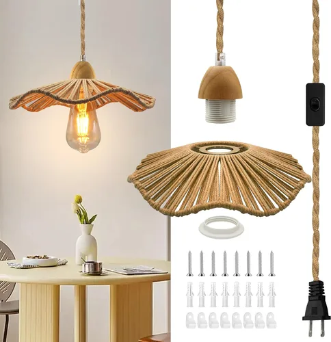 Vista 11 de Luces colgantes rústicas de granja con cable enchufable, cable de cuerda de cáñamo trenzada de 16.7 pies, pantalla tejida de cáñamo de 23x10 cm
