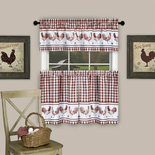 Vista 9 de PowerSellerUSA Juego de cortinas de cocina para ventana, diseño de gallo, cenefa de 58 pulgadas de ancho x 14 pulgadas de largo, color negro