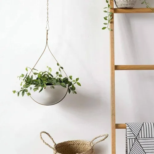 Vista 5 de Hajia Maceta colgante en forma de gota de agua, colgador de plantas de metal con maceta no desmontable, soporte para plantas colgantes