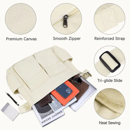 Vista 3 de JQWSVE Bolso bandolera de lona grande con múltiples bolsillos, bolsa de hombro de lona para mujeres y hombres