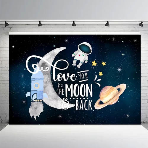 Vista 2 de MEHOFOND Telón de fondo Love You to The Moon and Back, decoración de fiesta de baby shower, espacio exterior, cohete astronauta, pastel